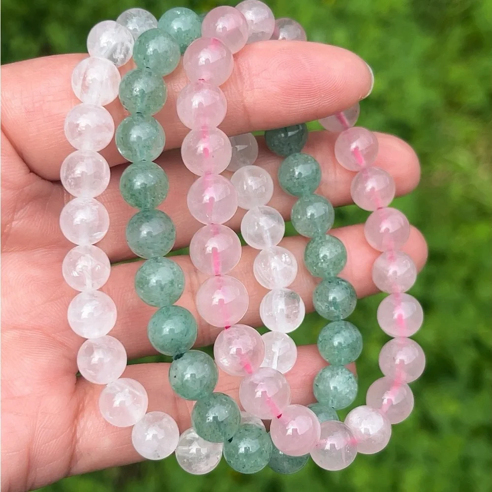8mm stretchable‎ rose quartz, clear quartz, green strawberry quartz bracelet set